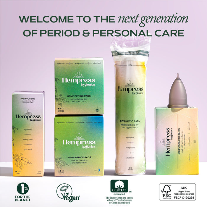 The Hempress Hygienics Hemp Regular Pad is a period care product made with organic cotton and pesticide-free hemp, displayed with eco-friendly certifications.