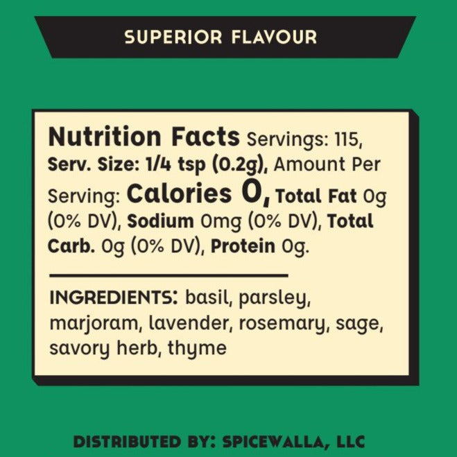 A nutrition label for Spicewalla Herbs de Provence lists 115 servings per container, 0 calories per serving, and fresh ingredients such as basil, parsley, marjoram, lavender, rosemary, sage, savory herb, and thyme.