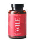 A WILE Herbal Supplement bottle for hormonal wellness has a red Hot Flash label, 60 capsules, and a black cap, designed to effectively manage hot flashes.