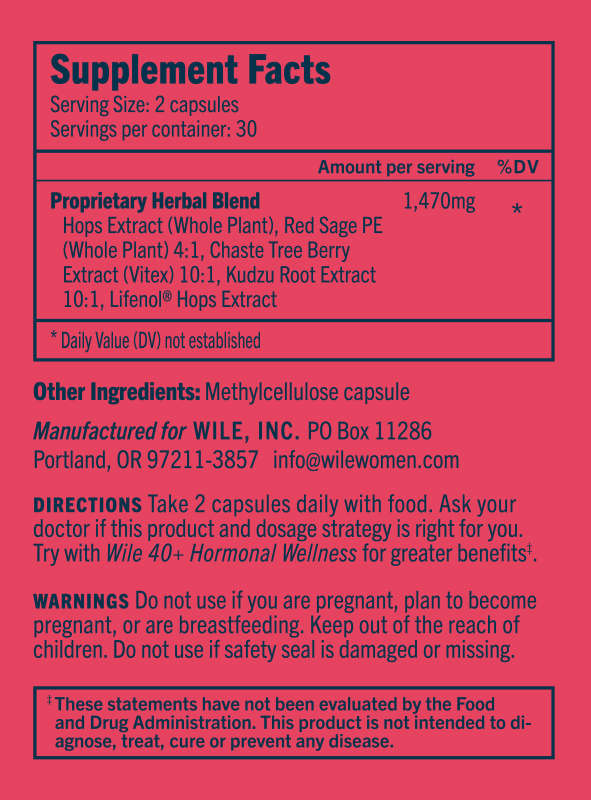 Hot Flash by WILE features a red-background Supplement Facts label aimed at hormonal wellness. The serving size is 2 capsules with a 1,470mg proprietary herbal blend of hops, red sage, chastetree, kudzu root, and hops extract. Includes warnings and manufacturer info for WILE, Inc.