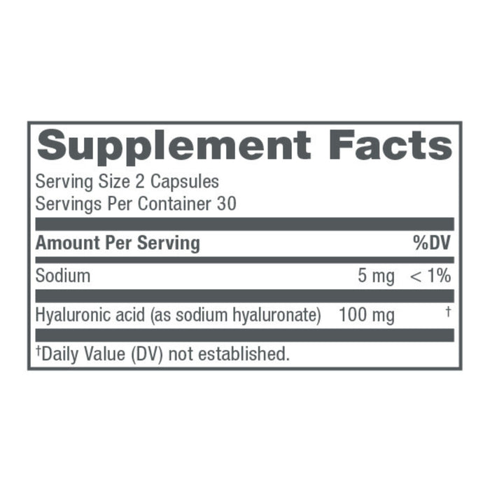 NeoCell Hyaluronic Acid, 100 mg: Each serving (2 capsules) provides 5 mg sodium (<1% DV) and 100 mg hyaluronic acid for hydration support. Contains 30 servings per container. Daily value for hyaluronic acid not established.