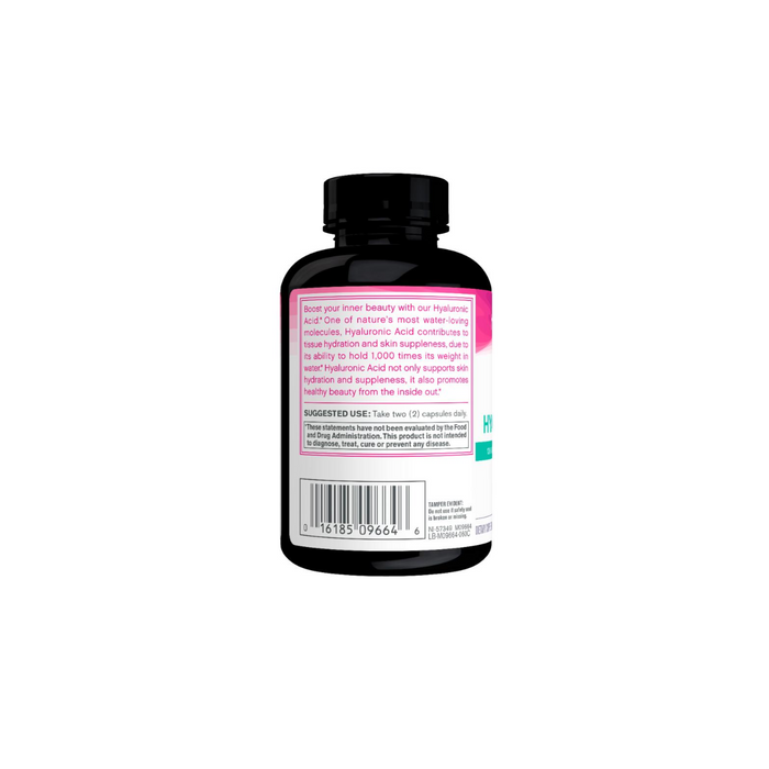 A black NeoCell Hyaluronic Acid, 100 mg supplement bottle with a pink, white, and teal label is shown turned to display the back label, which features product information, suggested use for hydrated skin, and a barcode.