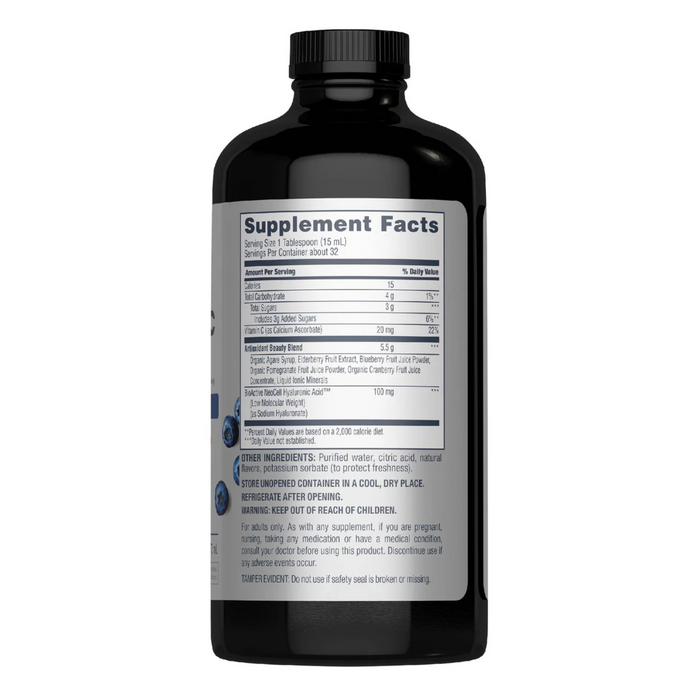 A black bottle with a black cap is shown, featuring NeoCell’s Hyaluronic Acid Liquid. The Supplement Facts label on the back lists serving size, hyaluronic acid, vitamin C, skin hydration info, ingredients, and storage instructions in small print.