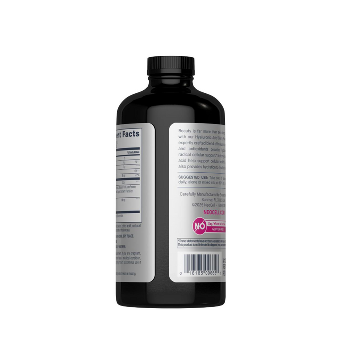 A black plastic NeoCell Hyaluronic Acid, 100 mg bottle with a black cap displays its back label featuring supplement facts, product details for skin hydration, text, and a barcode at the bottom right.