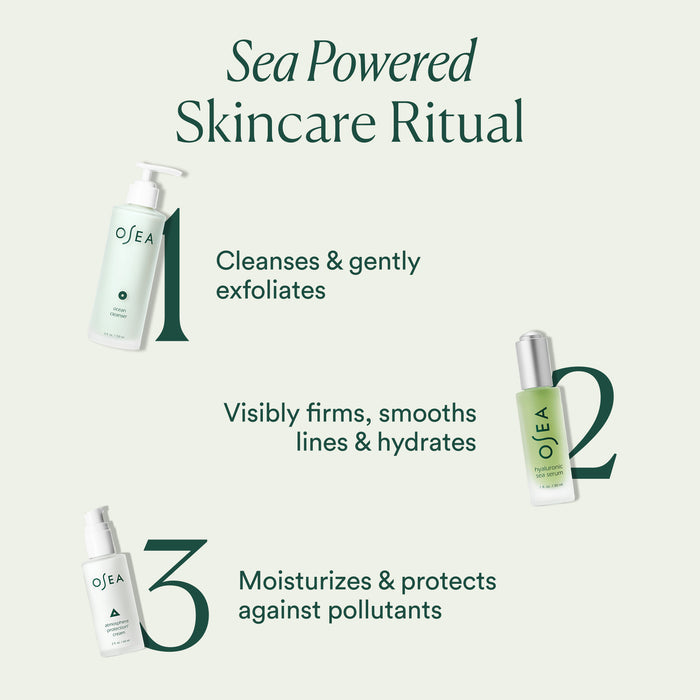 Three-step OSEA skincare routine: 1. Cleanser to exfoliate, 2. Hyaluronic Acid Sea Serum for anti-aging, firming, and hydration, 3. Moisturizer to shield from pollutants; each step shown with its OSEA product bottle.
