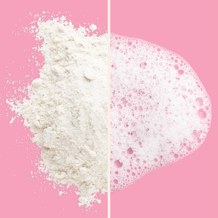 The image shows The Powder Shampoos Hydrating & Replenishing Powder Shampoo on the left as botanical powder-to-foam and a bubbly foam on the right, set against a pink backdrop. Its ideal for dry and chemically processed hair.
