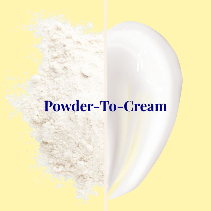 A split image shows powder left and cream right, divided by a vertical line. Bold blue “Powder-To-Cream” text highlights The Powder Shampoo’s Hydrating Volume Conditioner for fine hair, with a pale yellow background.