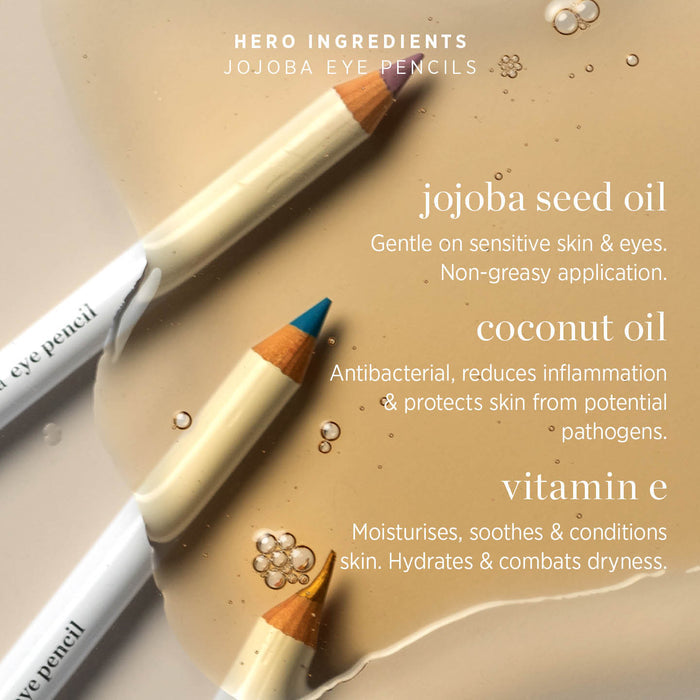 Three Ere Perez Jojoba Eye Pencils rest on a beige, glossy surface. Infused with jojoba seed oil, coconut oil, and vitamin E, these natural eyeliners are gentle for sensitive eyes while moisturizing and soothing skin.