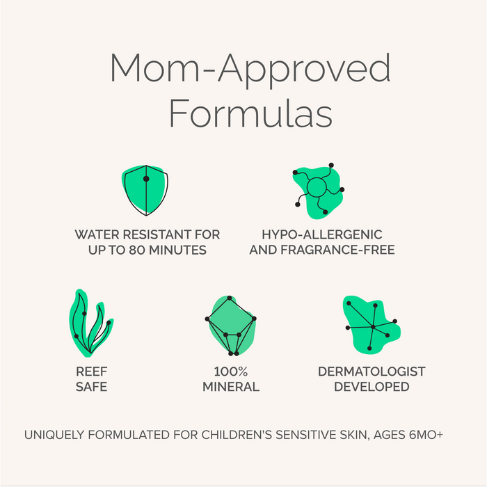 Infographic titled Mom-Approved Formulas featuring MDSolarSciences KidStick SPF 40: Water resistant (80 min), hypoallergenic, fragrance-free, reef-safe, 100% mineral, dermatologist developed. Ideal sunscreen for sensitive skin, safe for kids 6mo+.