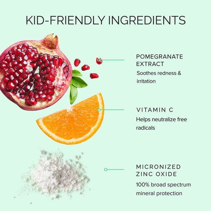 Pomegranate, orange, and white powder highlight KidCreme SPF 50 by MDSolarSciences: pomegranate extract soothes redness, vitamin C fights free radicals, and non-nano zinc oxide provides SPF 50 mineral protection for kids.