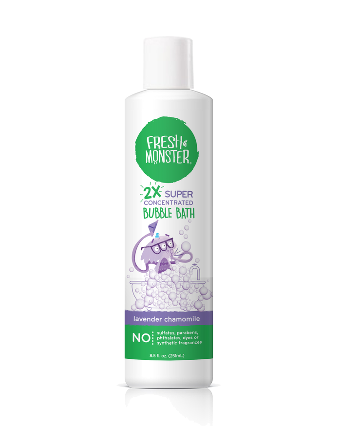A bottle of Fresh Monster Kids 2X Concentrated Bubble Bath, scented with natural lavender chamomile, features a playful monster in a bubble-filled bath. This non-toxic product is free from sulfates, parabens, dyes, and synthetic fragrances.