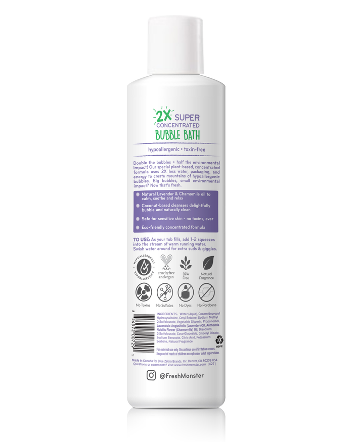 Introducing Fresh Monsters Kids 2X Concentrated Bubble Bath in a white bottle with a purple label. Its super concentrated, hypoallergenic, and non-toxic with natural ingredients. The clean design includes instructions and a social media handle on the back.
