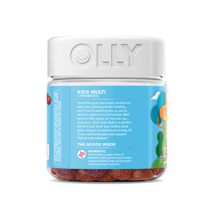 A clear plastic jar with a white lid, branded OLLY, contains Kids Multi + Probiotic chewable daily vitamins for kids. The blue label outlines ingredients and health benefits such as probiotics for immune support, with playful berry graphics enhancing the packaging.