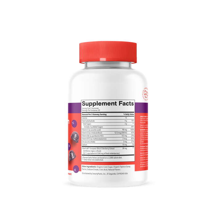 A white bottle with a red cap shows the Supplement Facts label for Smarty Pants Kids Triple Acountion Immunity + Elderberry 60count, featuring nutrition, ingredient details, immune-supporting elderberry extract, and berry images on the side.