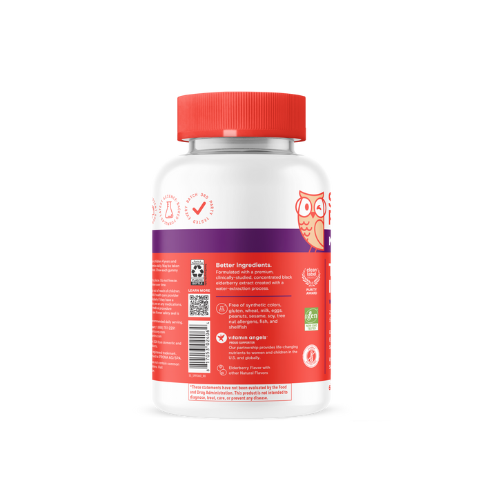 A white bottle with a red cap and colorful label shows supplement facts, ingredients, icons, and an owl on the back. Smarty Pants Kids Triple Action Immunity + Elderberry 60ct highlights quality, immune support, and is Non-GMO certified.