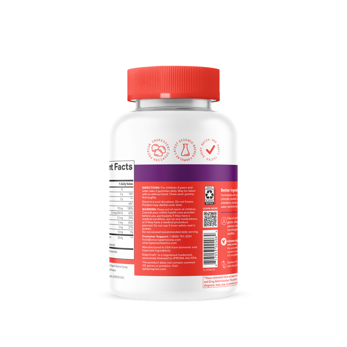 A white Smarty Pants Kids Triple Acountion Immunity + Elderberry 60count bottle with a red cap shows dairy-free, gluten-free, and nut-free icons. The vibrant red label highlights elderberry for immune health, plus directions, facts, and a QR code.