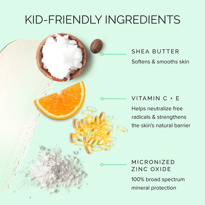 Flat lay of kid-friendly skincare—shea butter, vitamin C-rich orange slice with capsules, and non-nano zinc oxide—each labeled with skin benefits on light green. Perfect inspiration for MDSolarSciences KidStick SPF 40 mineral sunscreen stick.