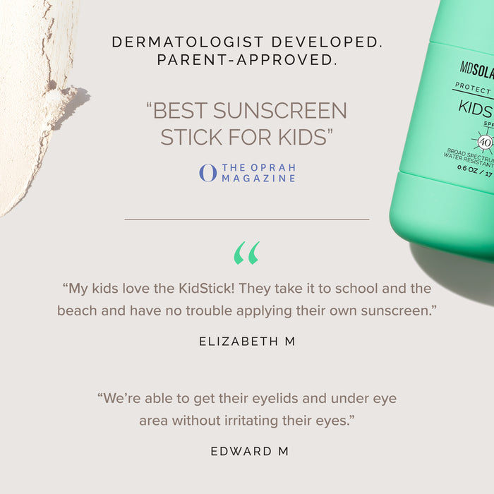 An ad for MDSolarSciences KidStick SPF 40 features a quote from The Oprah Magazine: “Best sunscreen stick for kids,” customer testimonials, a smear of non-nano zinc oxide sunscreen, and part of the green mineral sunscreen stick container.