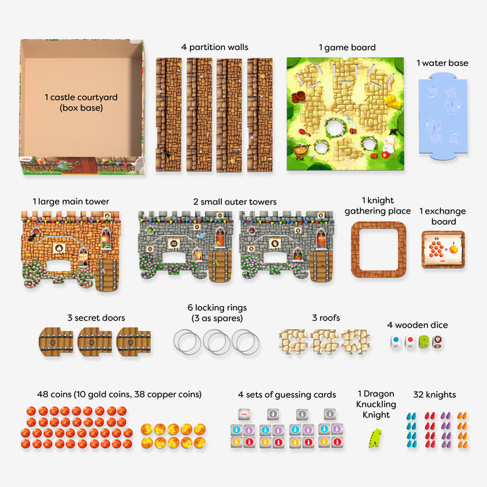 Knuckling Knights 3D Board Game - Dragon Spectacle by HABA for ages 4+ shown with labeled box base, partition walls, illustrated 3D board, water base, towers, dice, coins, tokens, cards, colorful knights & dragon.