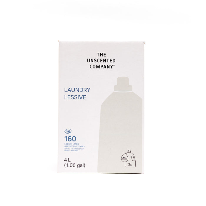 A white box of The Unscented Company Laundry Detergent Refill, hypoallergenic and free of fragrance and dye, 4 L (1.06 gal) for 160 medium loads. Features minimalist design with English and French text.