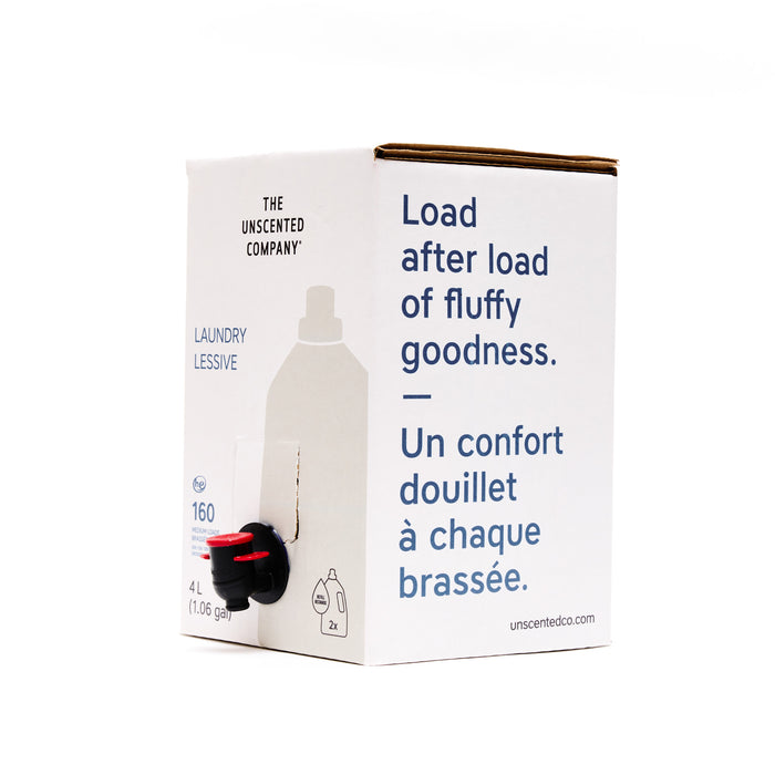 A 4L (160 loads) box of The Unscented Company Laundry Detergent Refill features a spout and text: "Load after load of fluffy goodness. Un confort douillet à chaque brassée." Hypoallergenic and unscented formula.