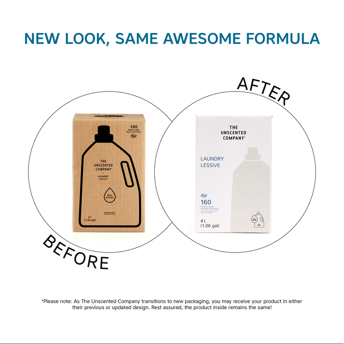 Side-by-side comparison of The Unscented Company Laundry Detergent Refill: old brown cardboard box vs. new white box. Text reads, New look, same awesome fragrance free and dye free formula.