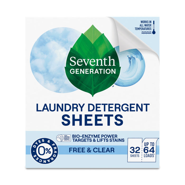 Seventh Generation Laundry Detergent Sheets, Free & Clear, use bio-enzyme power to target and lift stains. Hypoallergenic and free from dyes and fragrances, they are suitable for 64 loads and effective in all water temperatures.
