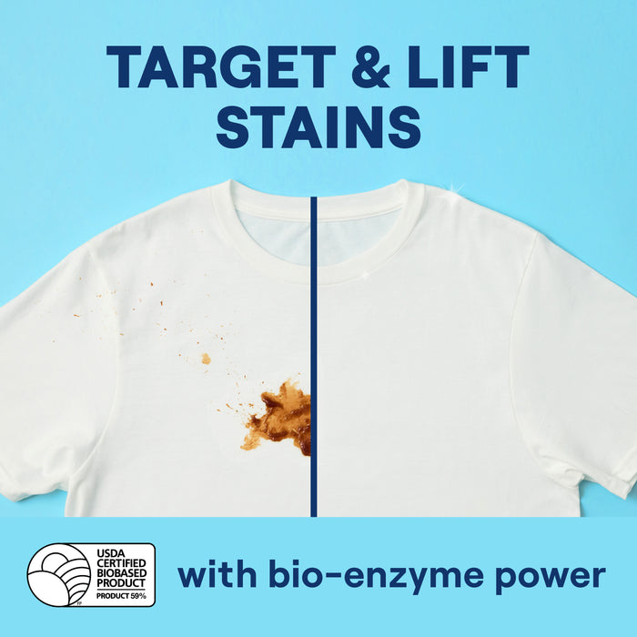 A T-shirt is divided on a blue backdrop; the left side has a large brown stain, and the right is spotless. Text reads: TARGET & LIFT STAINS with bio-enzyme power. A USDA Certified Biobased Product seal highlights Seventh Generations hypoallergenic Laundry Detergent Sheets formula.