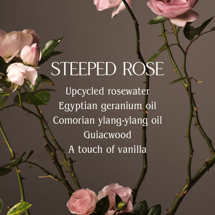 Pale pink roses and green leaves frame the white text on Homecourt’s Hand Wash, highlighting notes of upcycled rosewater, Egyptian geranium oil, Comorian ylang-ylang, guaiacwood, and vanilla.