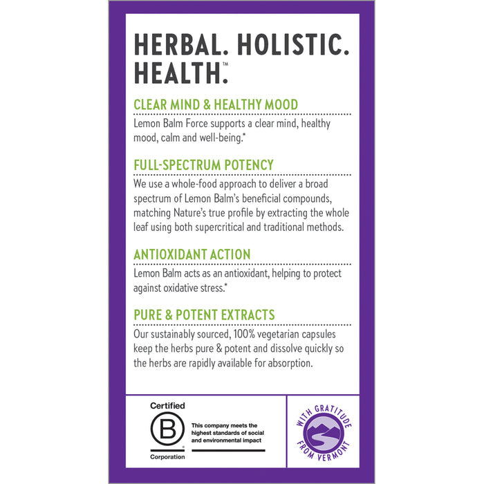 Product label for New Chapter Lemon Balm Force Alertness, Focus & Healthy Mood Support—a dietary supplement with pure Lemon Balm extracts for clarity, mood, antioxidants & full-spectrum potency. Certified with With Gratitude from Vermont seal.