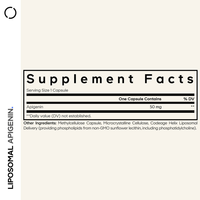 Supplement Facts label for Codeage Liposomal Apigenin Capsules, each containing 50 mg of Liposomal Apigenin—a potent flavonoid naturally found in chamomile extract. Other ingredients include methylcellulose, microcrystalline cellulose, and sunflower lecithin. This vegan supplement displays "Liposomal Apigenin" vertically along the left side.