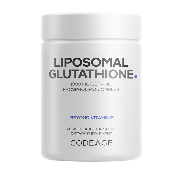 A white bottle labeled Codeage Liposomal Glutathione Capsules, 1000 mg, 60 vegetable capsules, dietary supplement with phospholipid complex and reduced L-Glutathione.