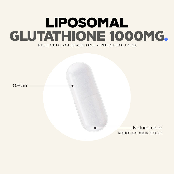 A white capsule labeled “Codeage Liposomal Glutathione Capsules, 1000 mg” featuring reduced L-Glutathione, with text noting “0.90 in” length and “Natural color variation may occur” on a beige background.