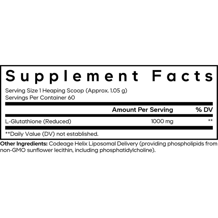 Codeage Liposomal Glutathione Powder 1000 mg Supplement Facts: Each serving provides 1000 mg L-glutathione (Daily Value not established) with liposomal delivery from non-GMO sunflower lecithin.
