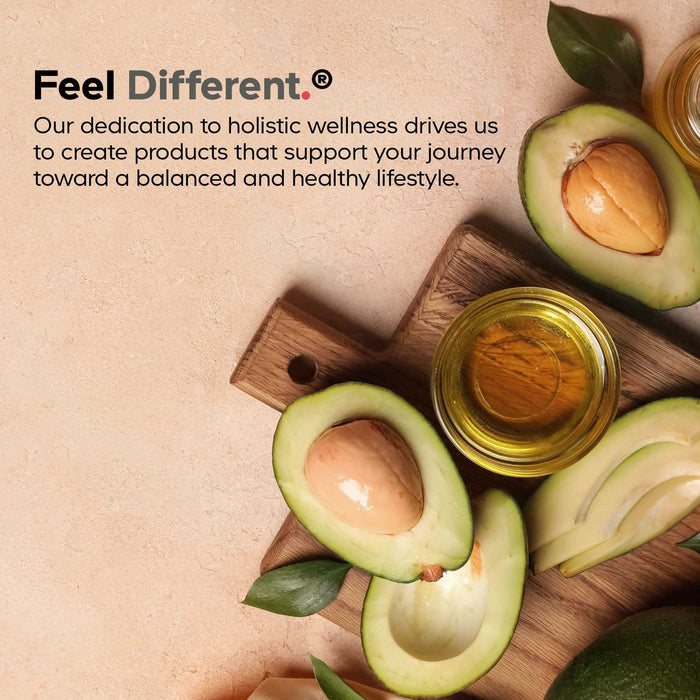 Top-down view of sliced avocados, green leaves, and glass bowls of oil on a wooden board. To the left, text reads: “Feel Different. Codeage Liposomal NMN Platinum is crafted to support your holistic wellness journey.”.