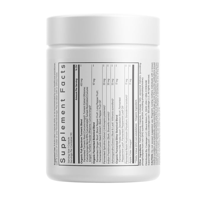 White supplement container featuring a detailed label with Supplement Facts and nutritional information, including ingredients, serving size, and daily values presented in black font on a white background. Designed for Codeage Liposomal Turmeric+ Capsules, the comprehensive label ensures transparency for those seeking an effective turmeric supplement.