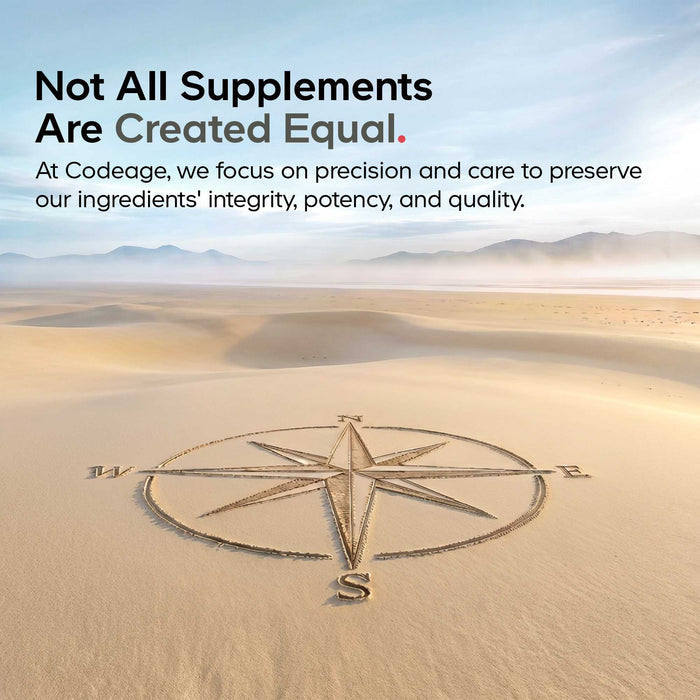 A compass rose is sketched in the sand of a vast, empty desert. Text reads: Not All Supplements Are Created Equal. At Codeage, we prioritize precision and care to maintain the integrity, potency, and quality of our ingredients—exemplified by our Beef Liver Capsules - Grass-Fed supplement, bringing you nature’s multivitamin for your well-being.