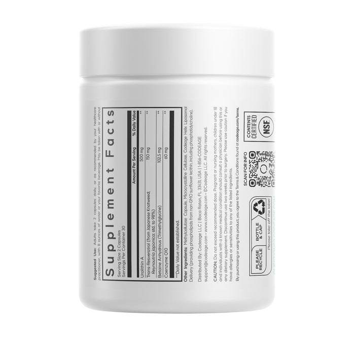 A white Codeage Liposomal Urolithin A supplement container displays the Supplement Facts label with ingredients like resveratrol, along with NSF and recycling symbols, a QR code, and certification info on the right side.