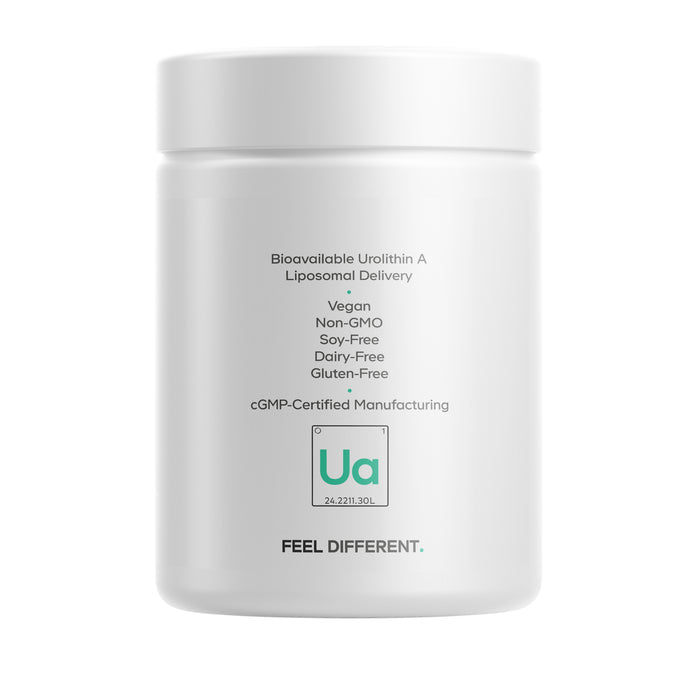 Codeage Liposomal Urolithin A comes in a white container and features bioavailable Urolithin A with advanced liposomal delivery. Its vegan, non-GMO, soy-free, dairy-free, gluten-free, cGMP-certified, with FEEL DIFFERENT on the label.