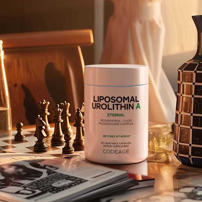 A bottle of Codeage Liposomal Urolithin A sits on a table beside a chessboard, a stylish vase, and an open magazine, all bathed in warm natural light.