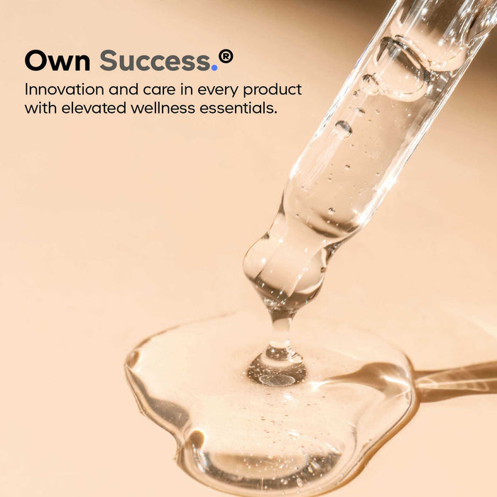 A clear dropper dispensing liquid onto a smooth surface, with text: Codeage Liposomal Urolithin A. Innovation and care in every product—liposomal delivery for elevated wellness essentials. Own Success.®.