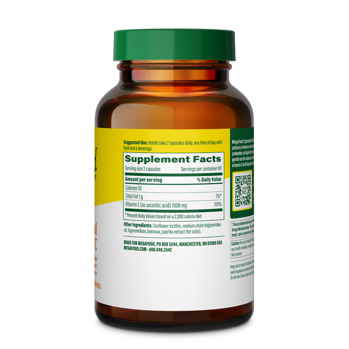A brown MegaFood Liposomal Vitamin C supplement bottle with a green cap features a label showing Supplement Facts, including 1000mg of Vitamin C per serving for antioxidant support, plus usage directions and manufacturer details.