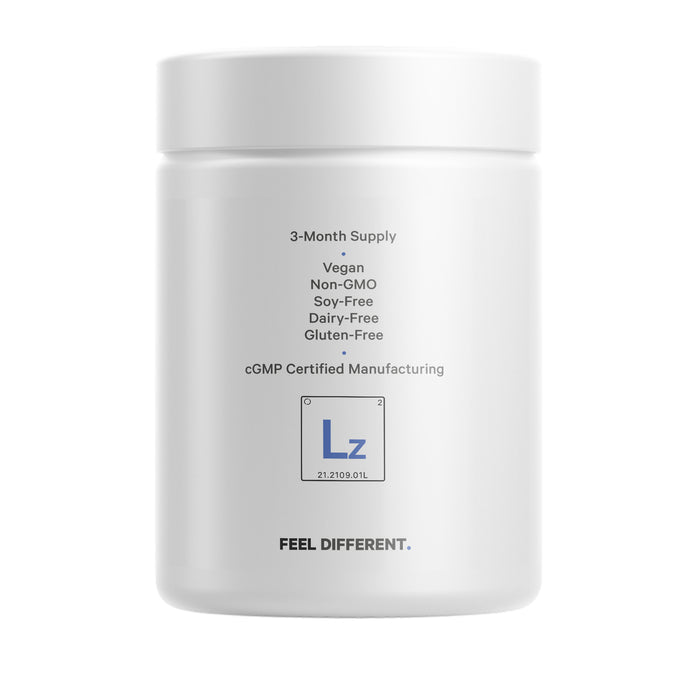 A white Codeage supplement bottle displays Liposomal Zinc and FEEL DIFFERENT on a blue and white label, highlighting features such as 3-month supply, vegan, non-GMO, soy-free, dairy-free, gluten-free, and cGMP certified.