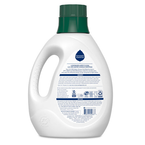 Back view of a Seventh Generation Liquid Laundry Detergent white plastic bottle with green cap, featuring the label with natural ingredients, certification logos, recycling info, and the Certified B Corporation mark.