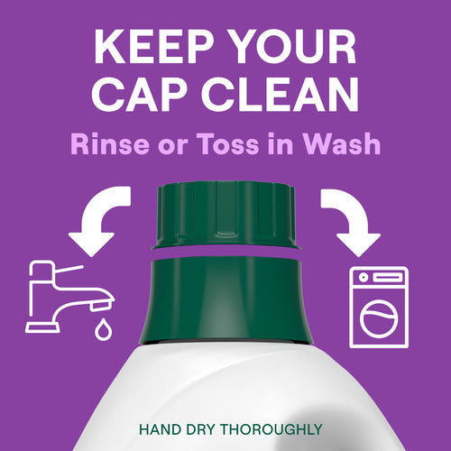 A bottle cap shows arrows pointing to faucet and washing machine icons. Text: KEEP YOUR CAP CLEAN. Rinse or toss in wash. Hand dry thoroughly. Seventh Generation Liquid Laundry Detergent—purple background.