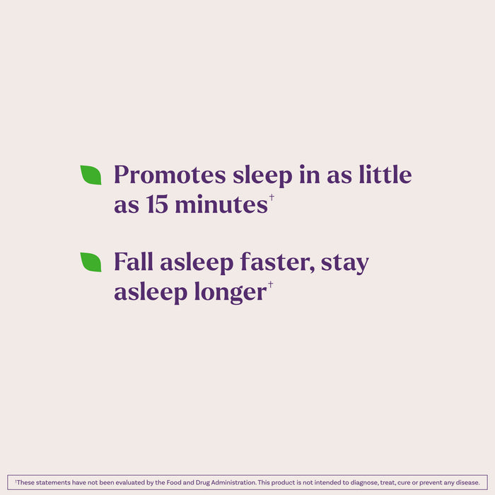 Text on a light background reads: Natrol Liquid Melatonin 2.5mg helps you fall asleep faster and stay asleep longer†, working in as little as 15 minutes†. Two green leaf icons and a fine print disclaimer appear at the bottom.