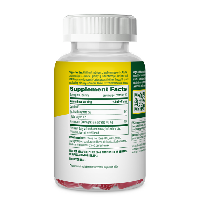 A bottle of MegaFood Magnesium Citrate Raspberry Gummies shows a clear Supplement Facts label on the back with serving size, daily values, and ingredient details in green and black—ideal for supporting muscle relaxation.