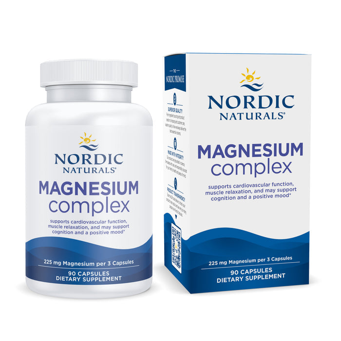 The Nordic Naturals Magnesium Complex supplement package and bottle feature blue and white labels, promoting cardiovascular support, cellular health, muscle relaxation, cognition, and mood. Each container holds 90 capsules with 225 mg per serving.