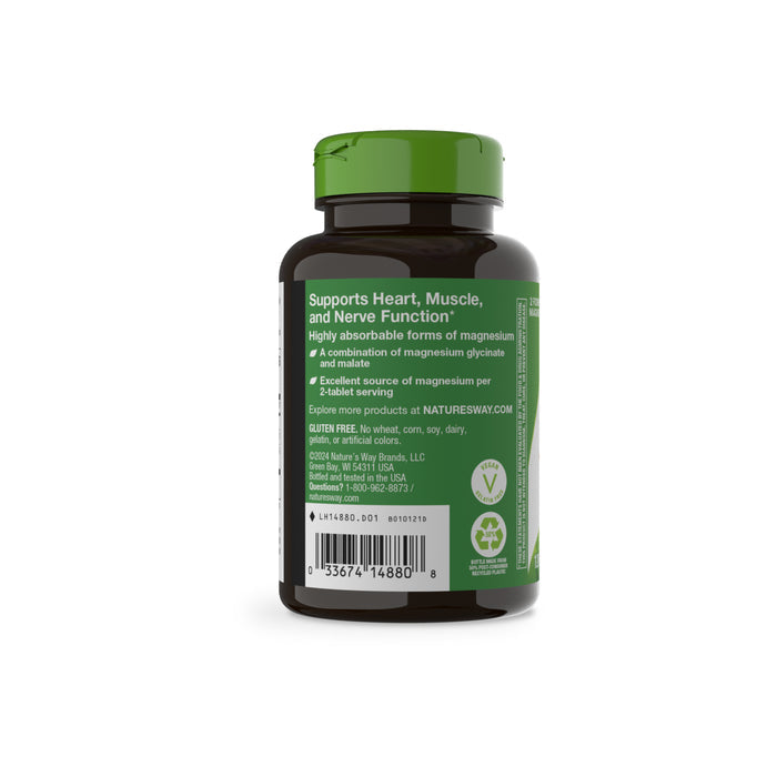 A dark plastic bottle with a green cap labeled Natures Way Magnesium Glycinate Complex, highlighting highly absorbable magnesium for heart, muscle, and nerve support, plus gluten-free, vegan, and non-GMO certifications.