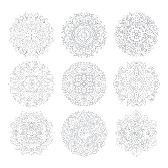 The Mandala Coloring Sheets by Elseware Unplug feature nine intricate mandala designs in black and white, each showcasing unique patterns of floral, geometric, and abstract elements forming symmetrical circular shapes on a plain white background.